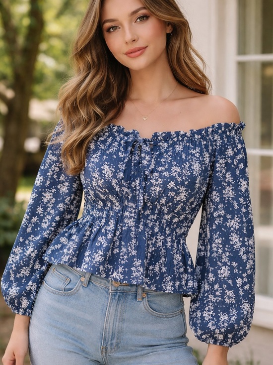 Color Block Tops - 44. Blue Floral Off-Shoulder Smocked Peplum Blouse